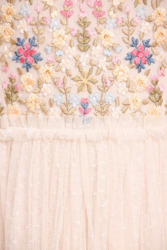 Flowerbed Embroidery Bodice Round Neck Ankle Gown