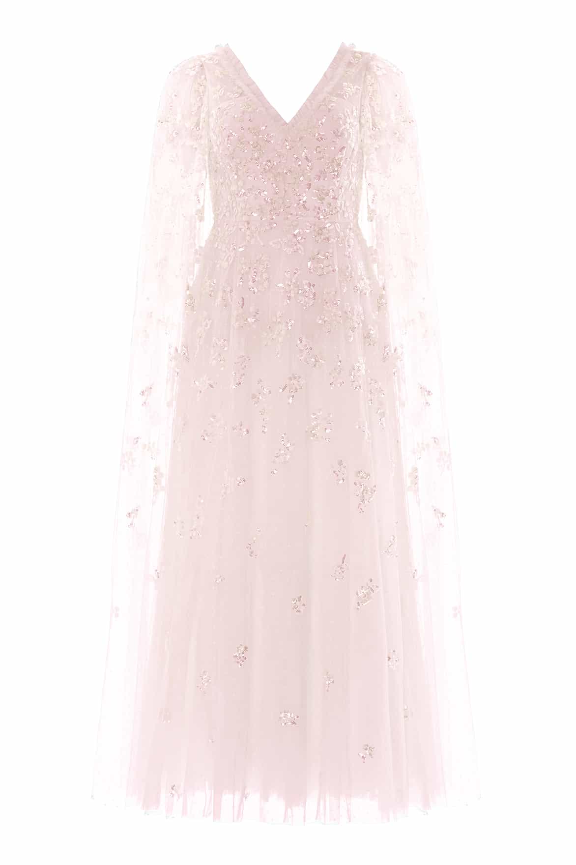 Freesia Shimmer Cape Sleeve Ankle Gown