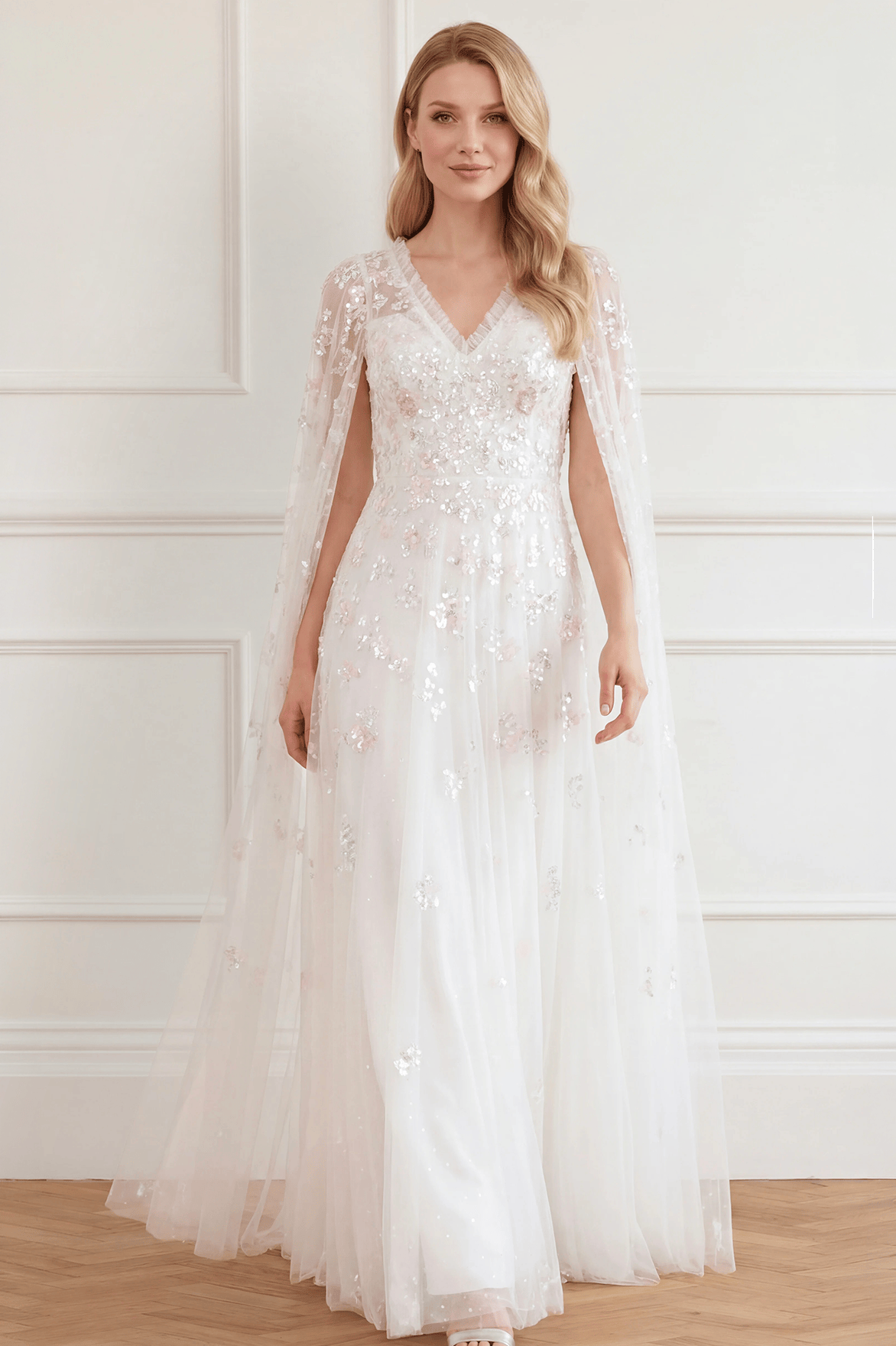 Freesia Shimmer Cape Sleeve Ankle Gown
