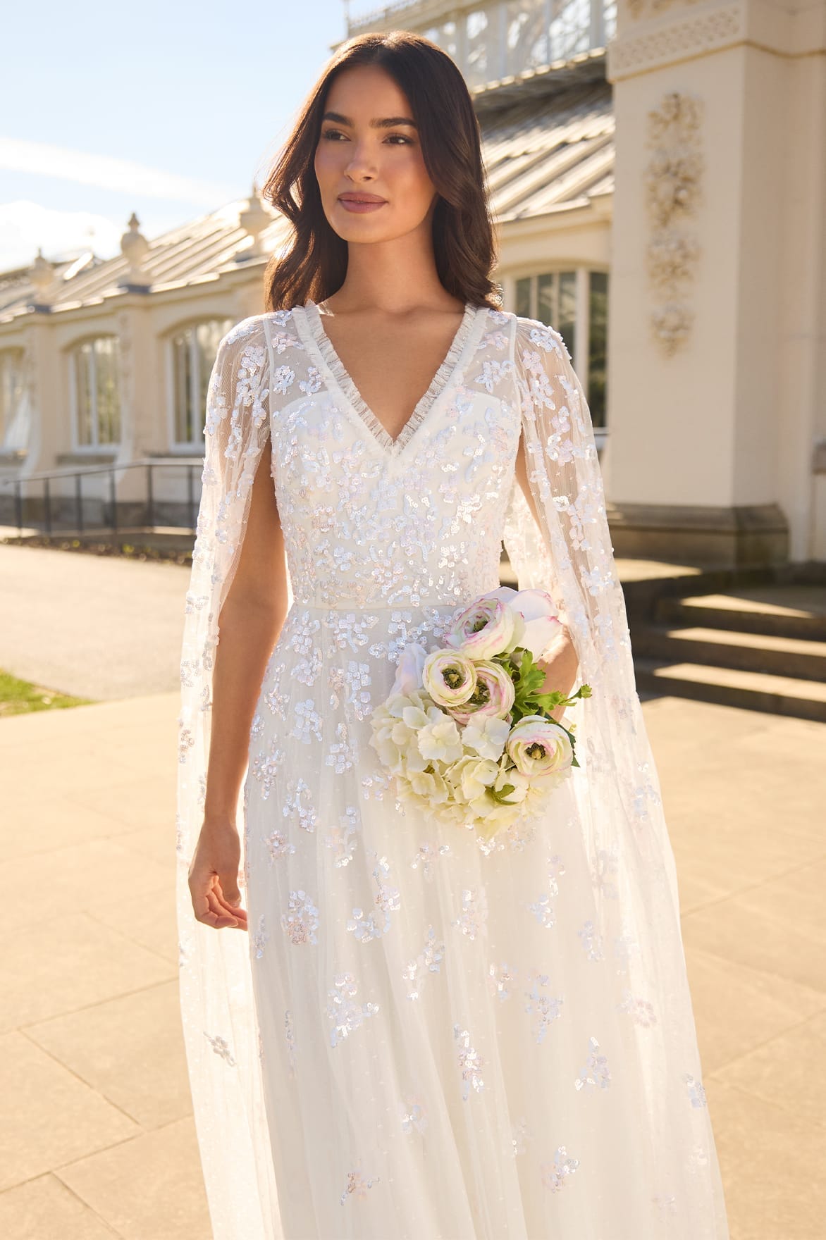 Freesia Shimmer Cape Sleeve Ankle Gown