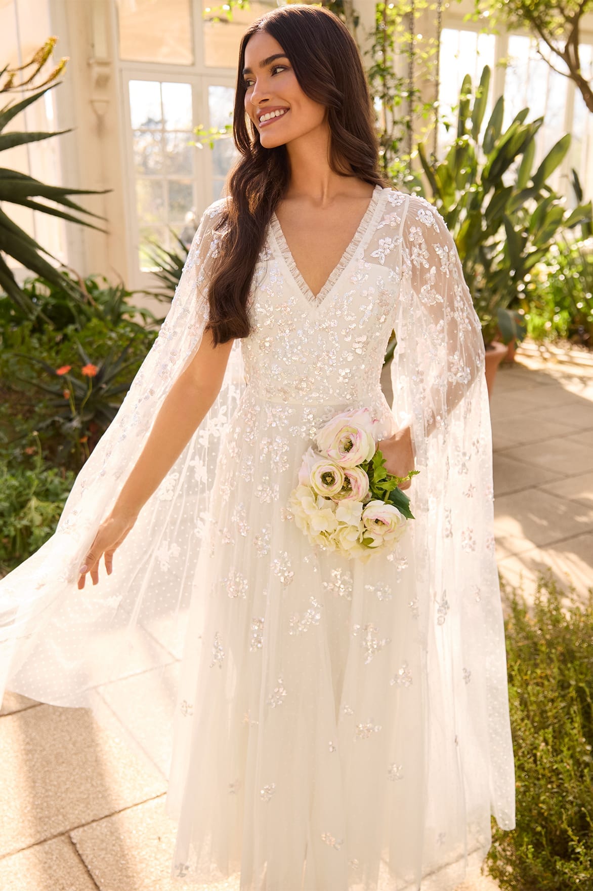Freesia Shimmer Cape Sleeve Ankle Gown