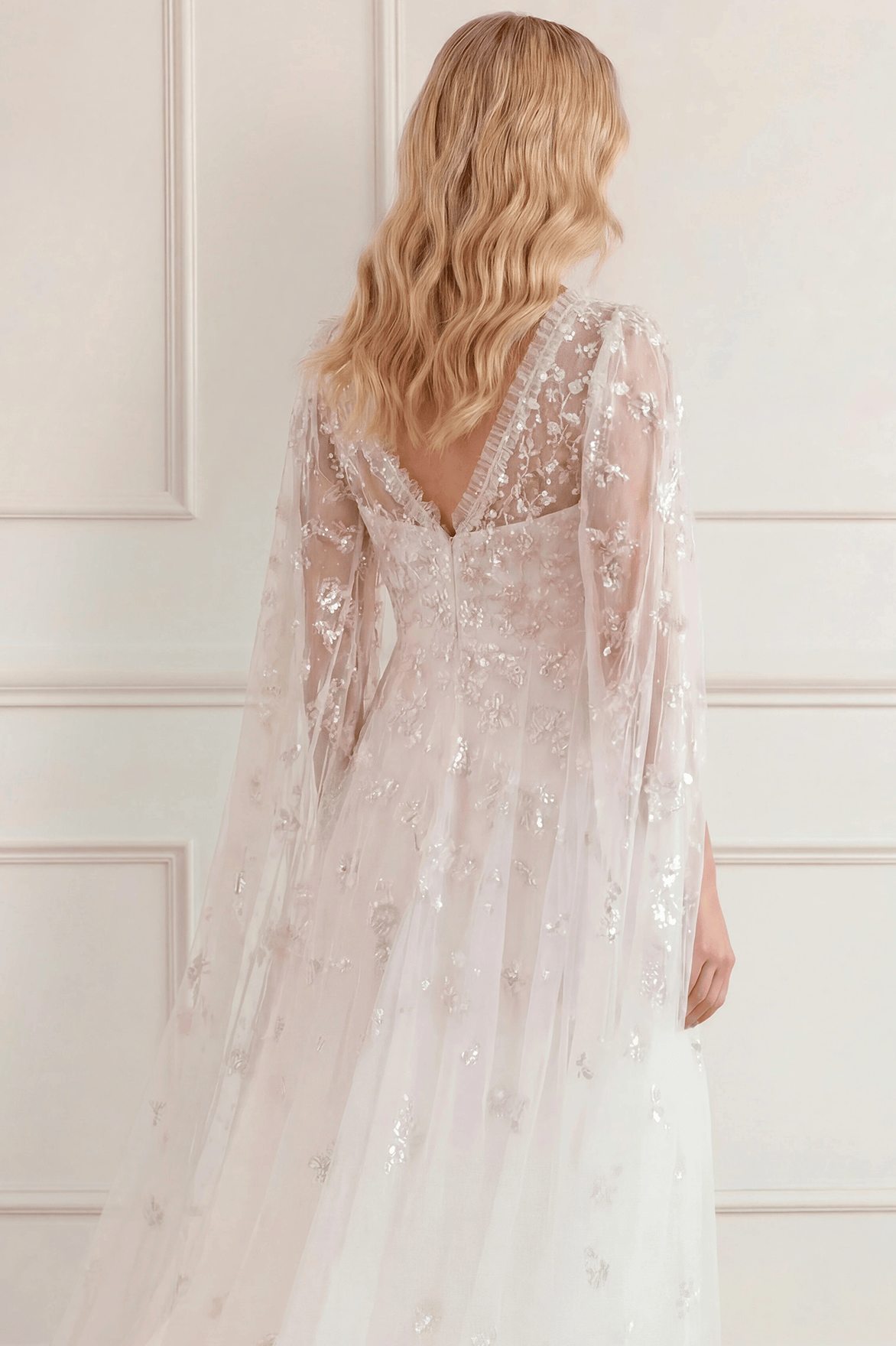 Freesia Shimmer Cape Sleeve Ankle Gown