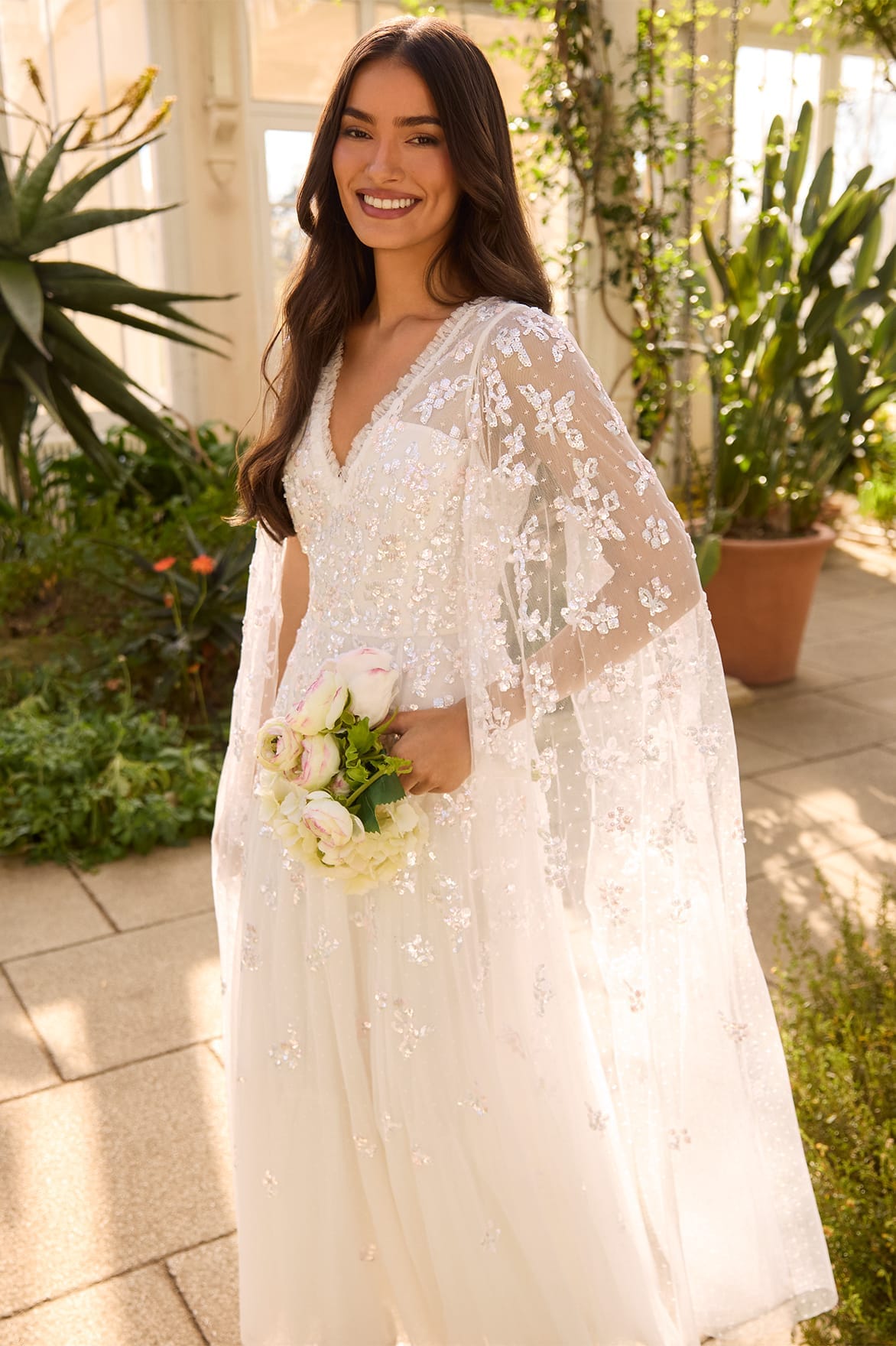Freesia Shimmer Cape Sleeve Ankle Gown