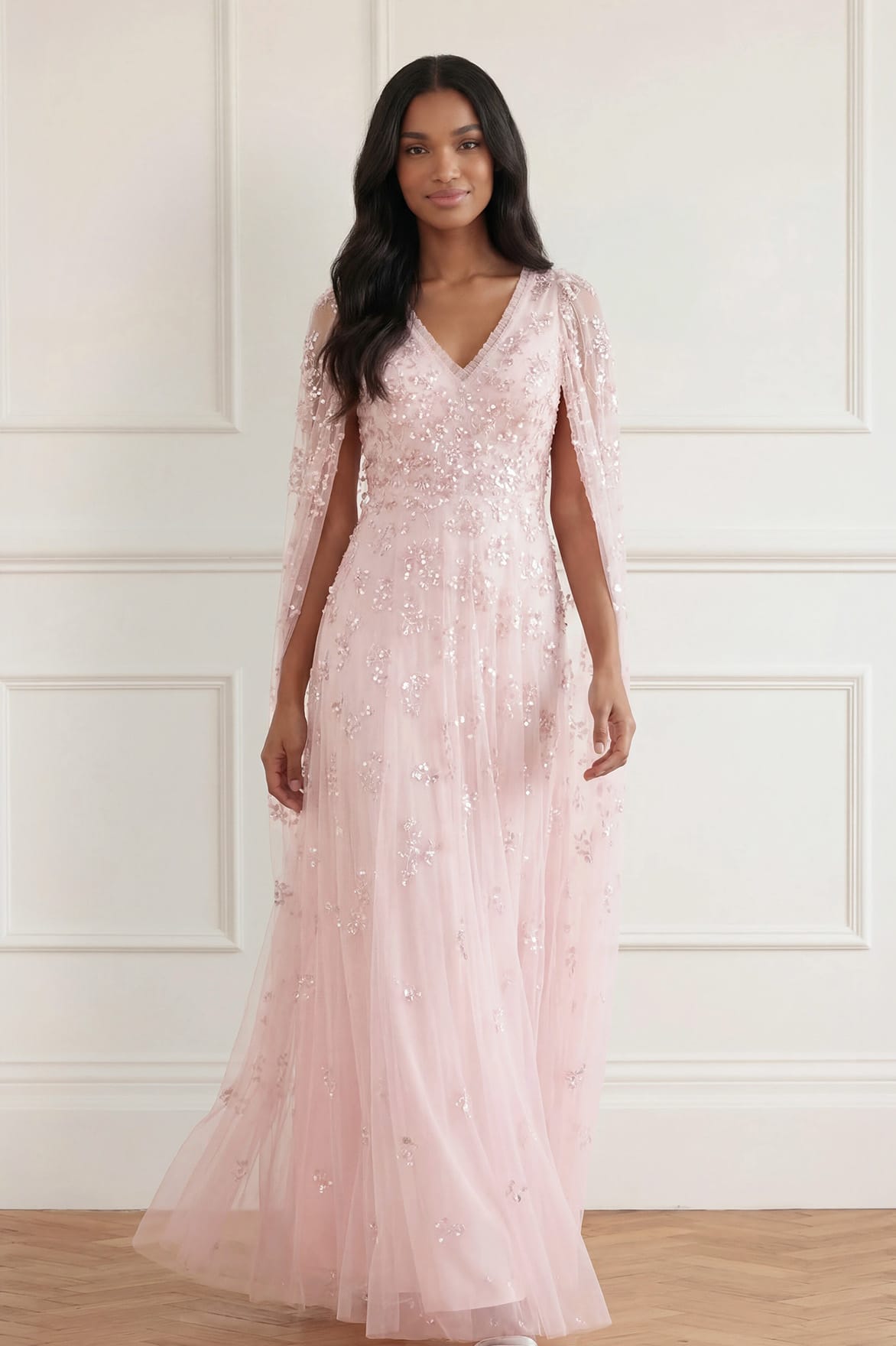 Freesia Shimmer Cape Sleeve Ankle Gown