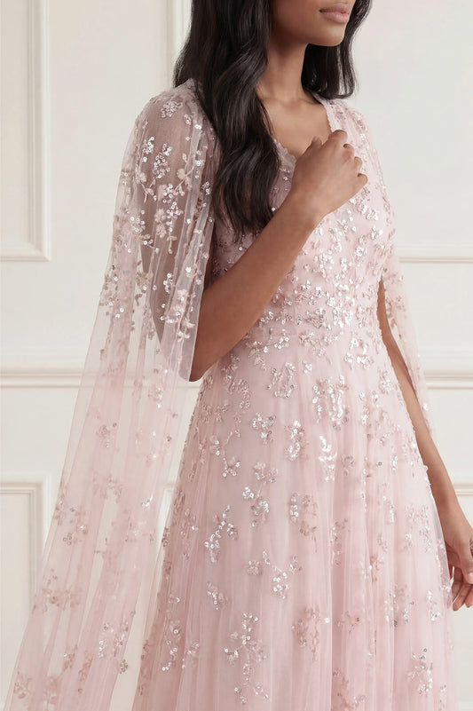 Freesia Shimmer Cape Sleeve Ankle Gown