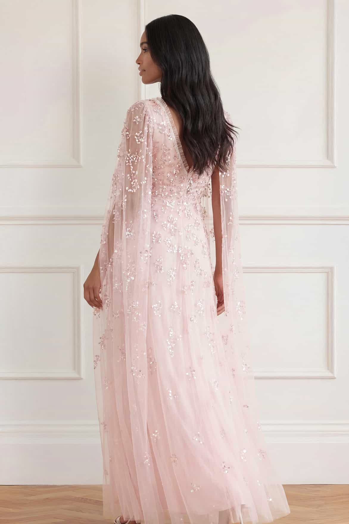 Freesia Shimmer Cape Sleeve Ankle Gown