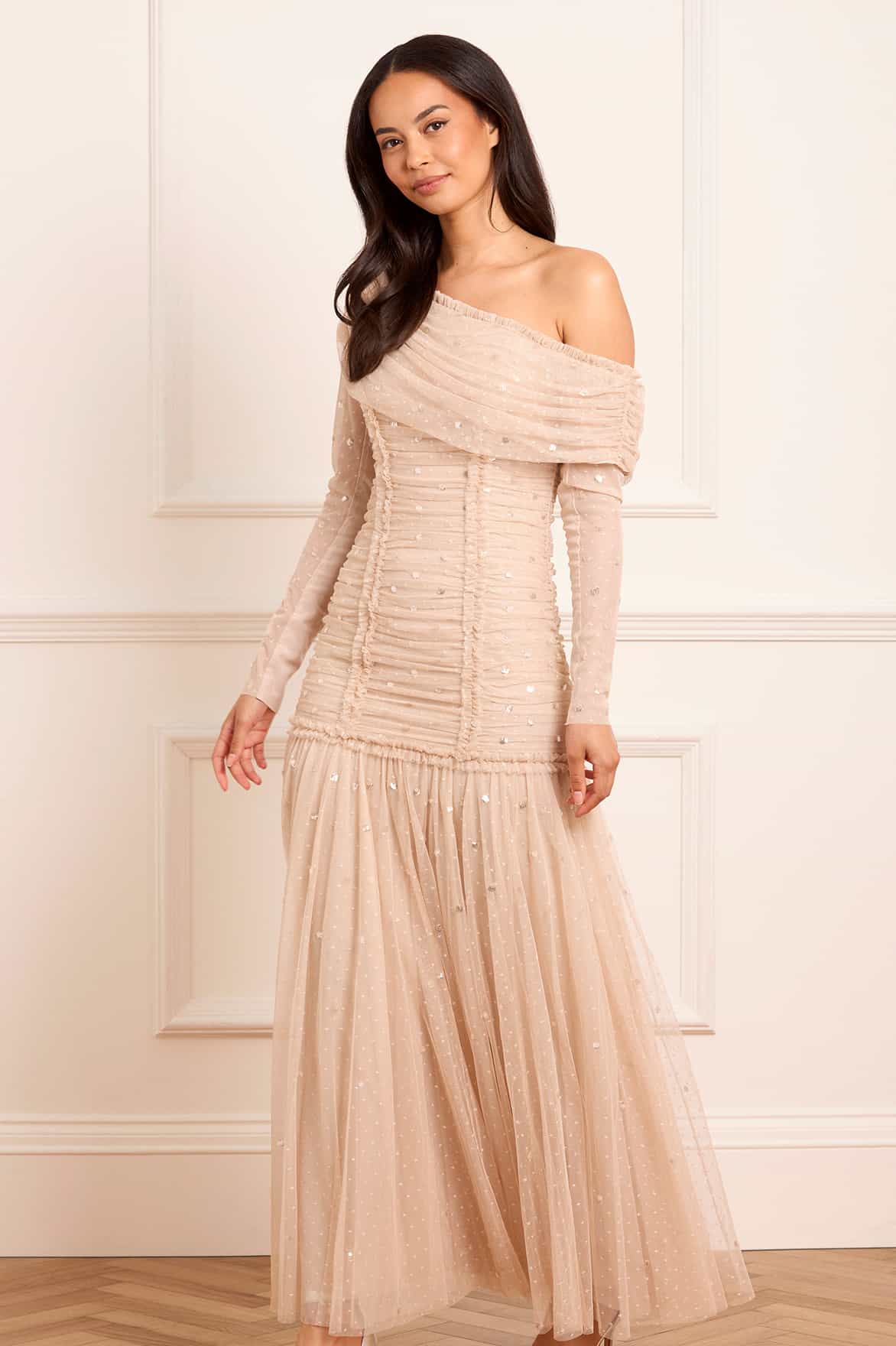 Gigi Dot One-Shoulder Rouched Gown