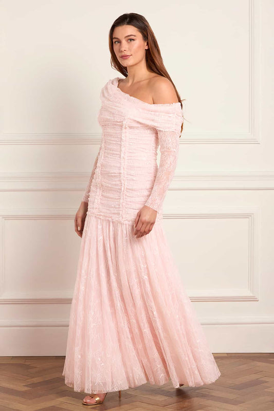 Gigi Lace One-Shoulder Rouched Gown