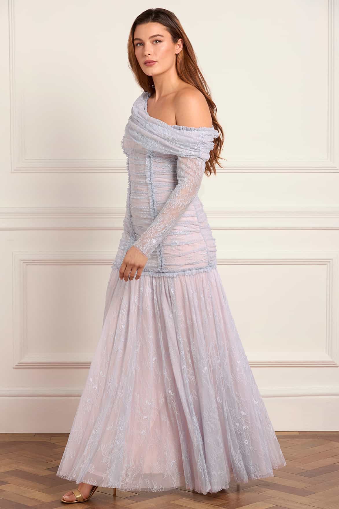 Gigi Lace One-Shoulder Rouched Gown