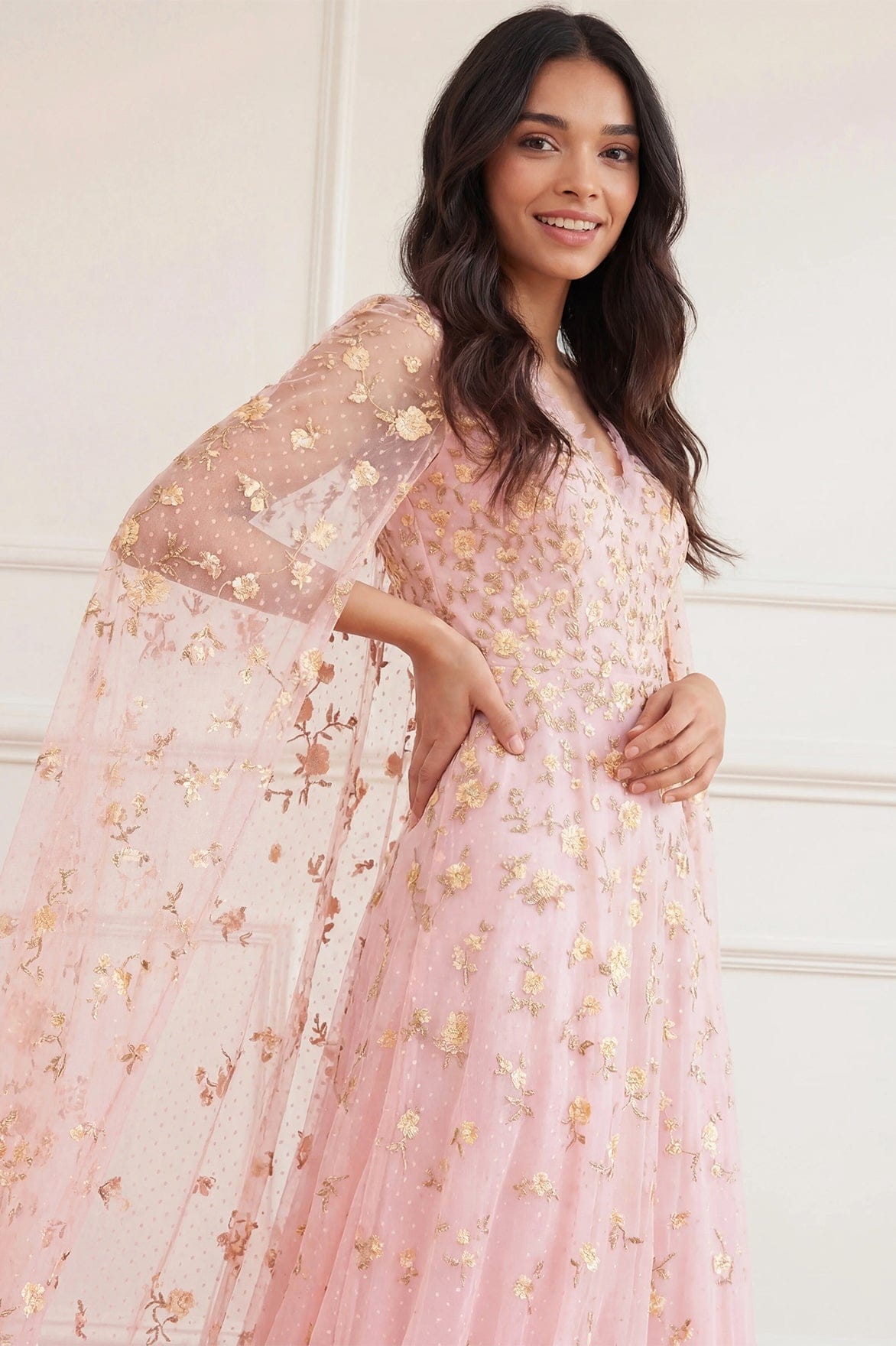 Lea Ditsy Cape Sleeve Ankle Gown