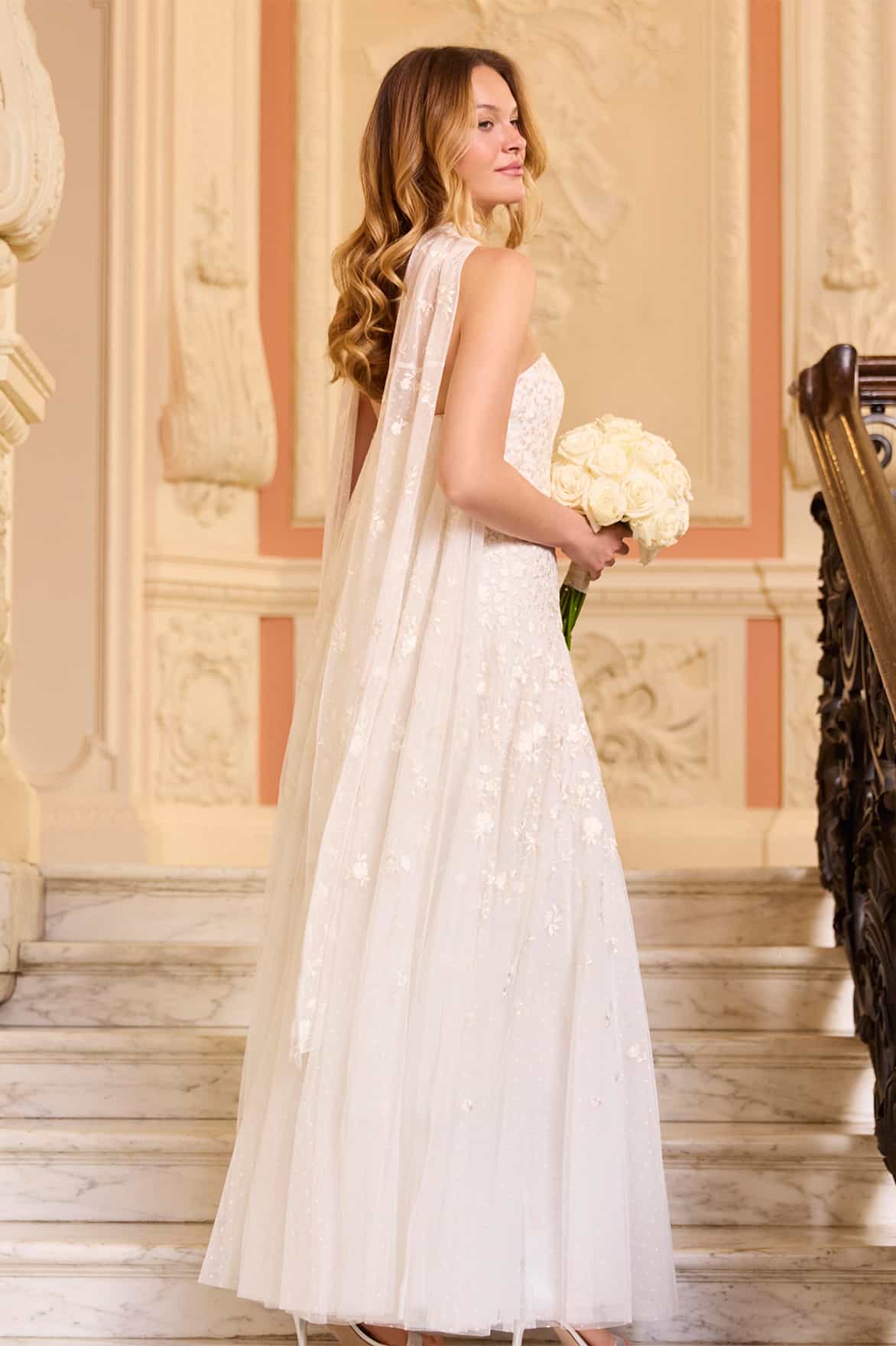 Lea Ditsy Strapless Cape Gown