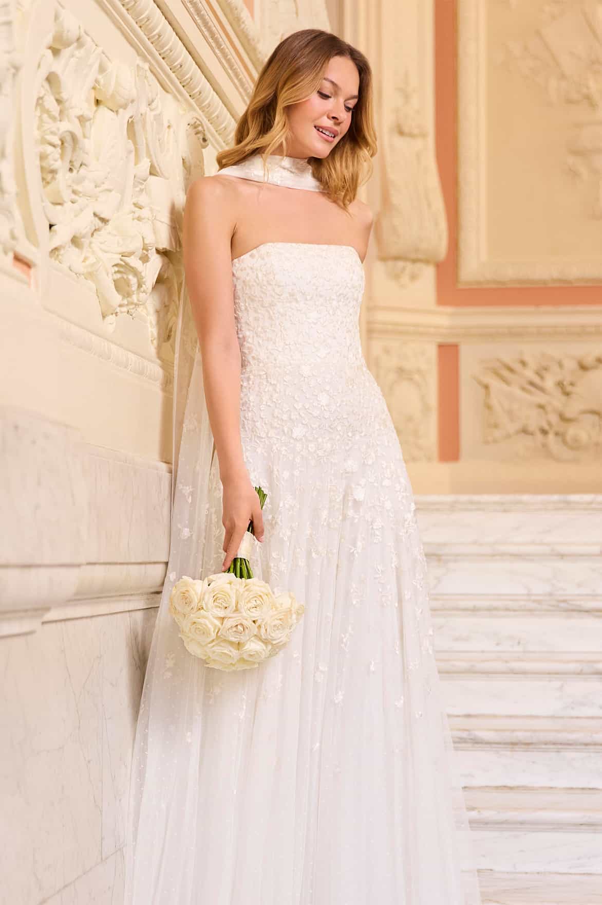 Lea Ditsy Strapless Cape Gown