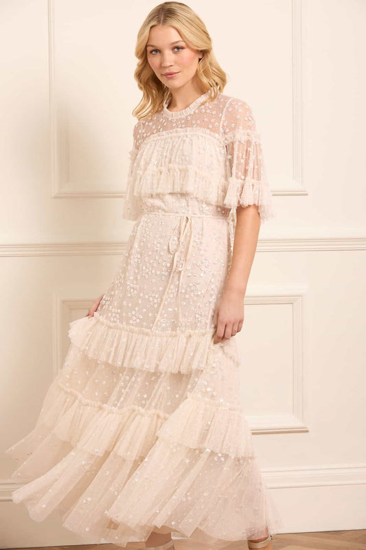 Leila Dot Tiered Cape Ankle Gown