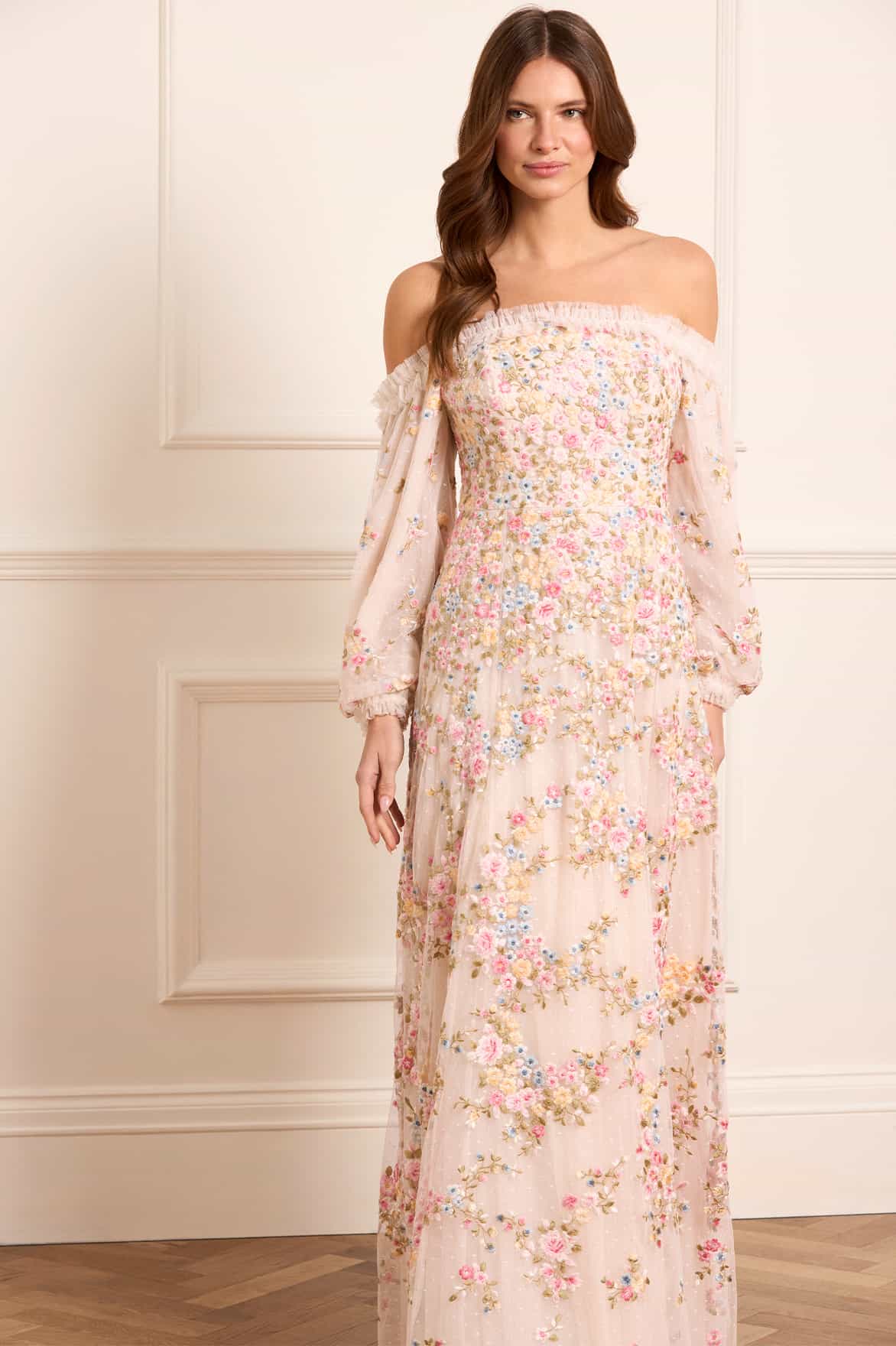 Lunaria Wreath Off-Shoulder Long Sleeve Gown