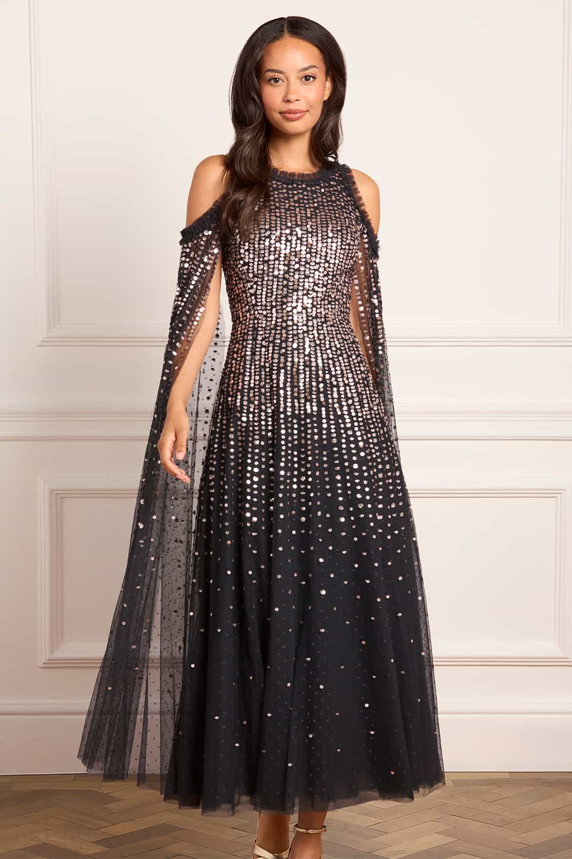 Moonlight Sequin Cape Sleeve Ankle Gown