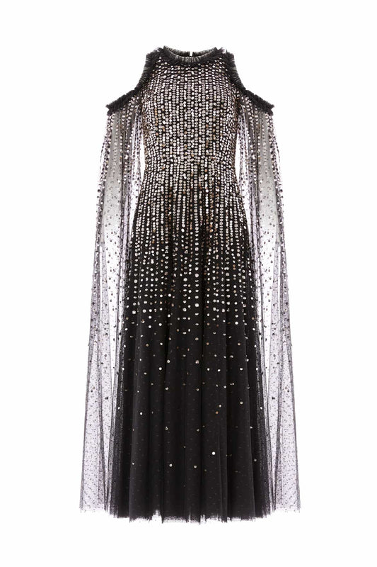 Moonlight Sequin Cape Sleeve Ankle Gown