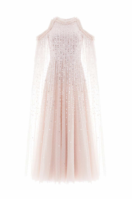 Moonlight Sequin Cape Sleeve Ankle Gown