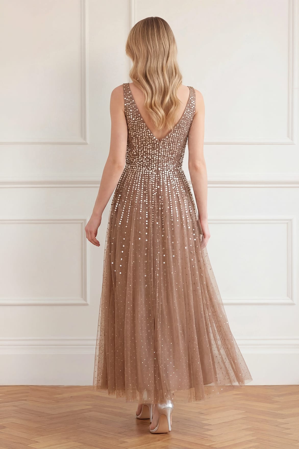 Moonlight Sequin Cowl Neck Ankle Gown