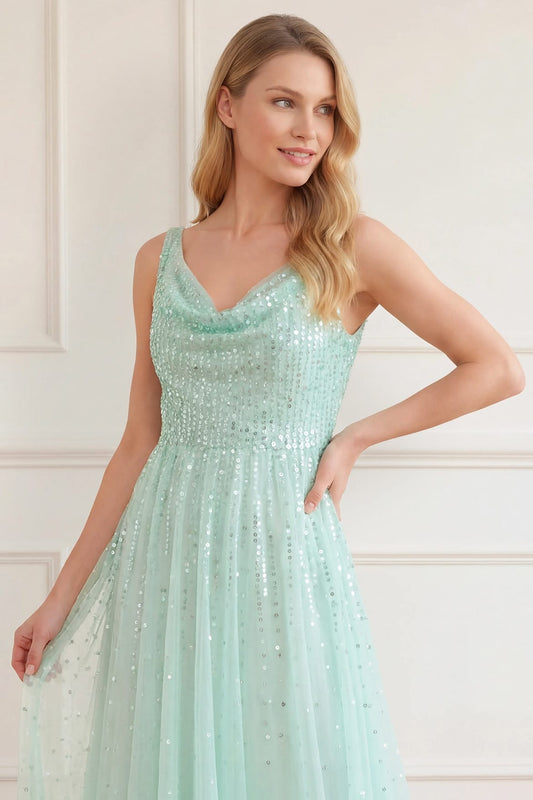 Moonlight Sequin Cowl Neck Ankle Gown