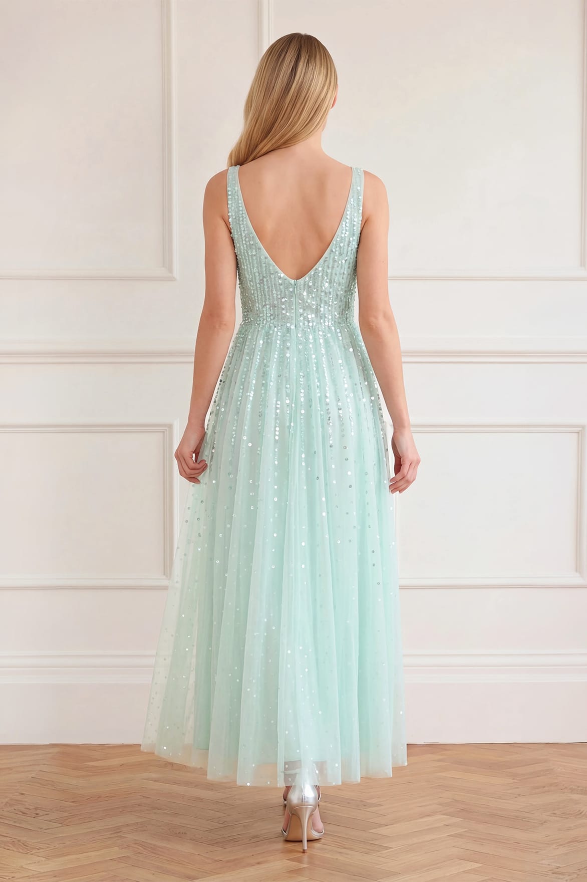 Moonlight Sequin Cowl Neck Ankle Gown