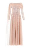 Moonlight Sequin Draped Long Sleeve Gown