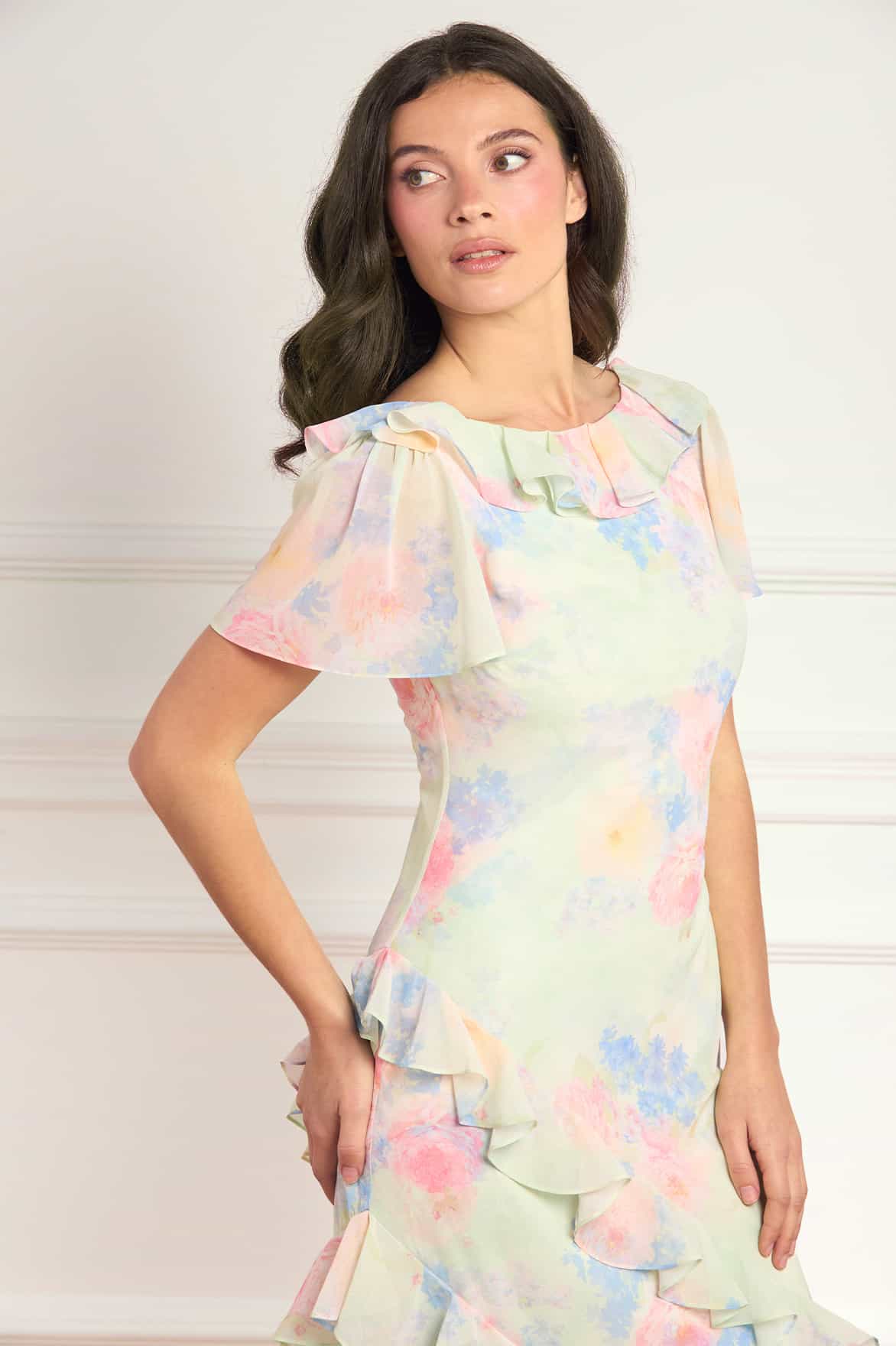 Peony Bloom Georgette Short Sleeve Gown