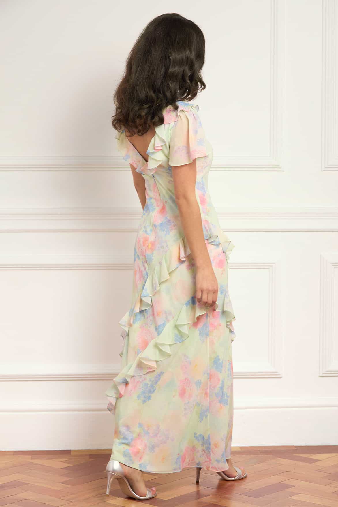 Peony Bloom Georgette Short Sleeve Gown