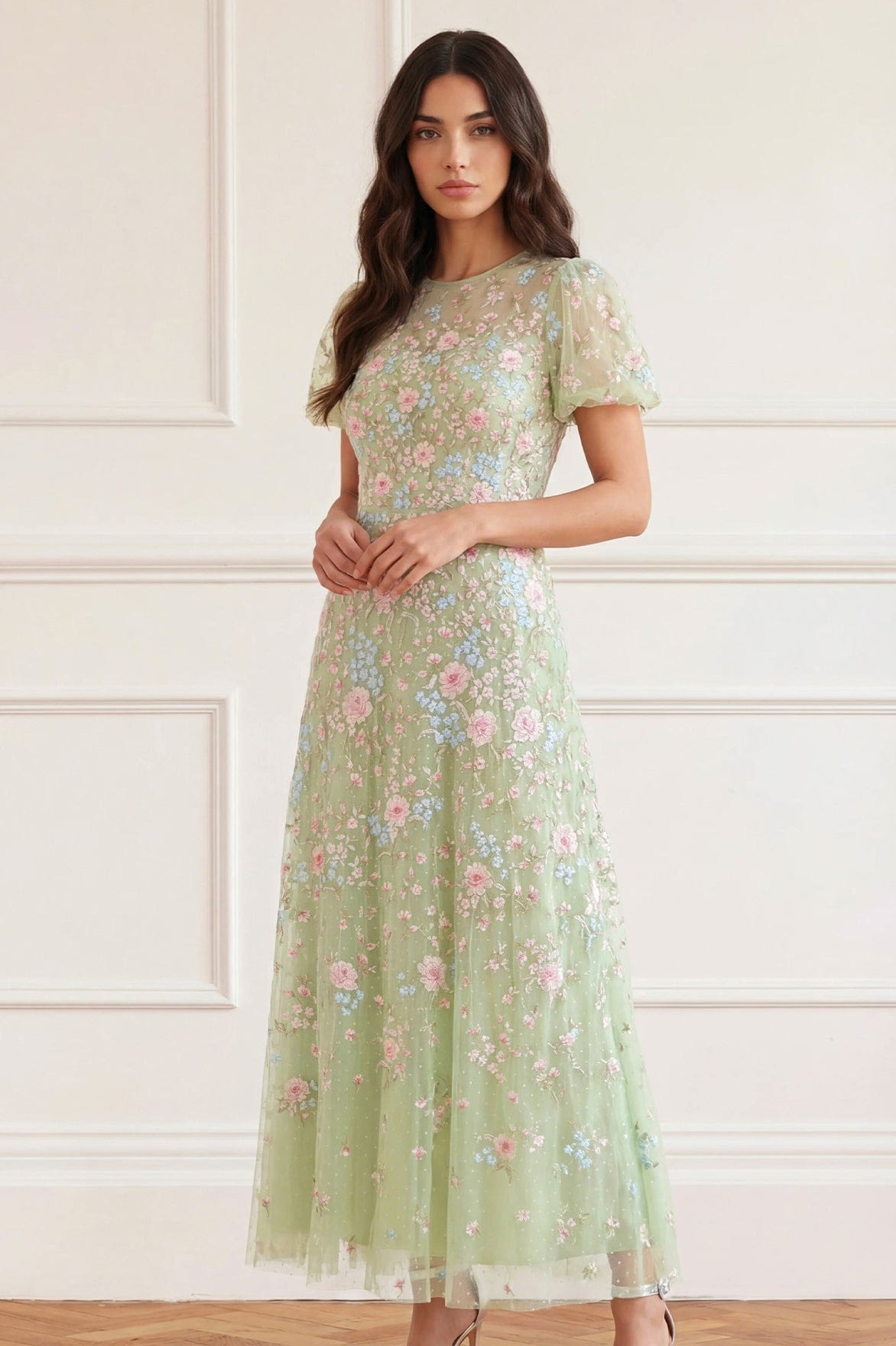 Peony Bouquet Round Neck Ankle Gown
