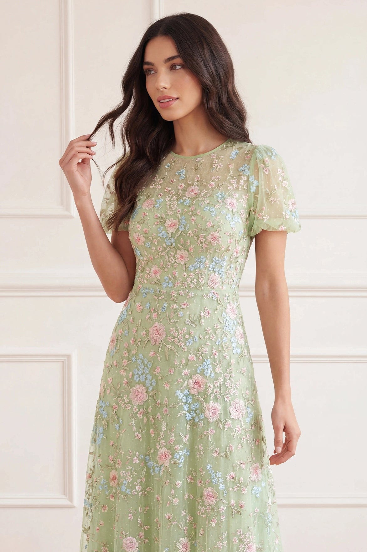 Peony Bouquet Round Neck Ankle Gown