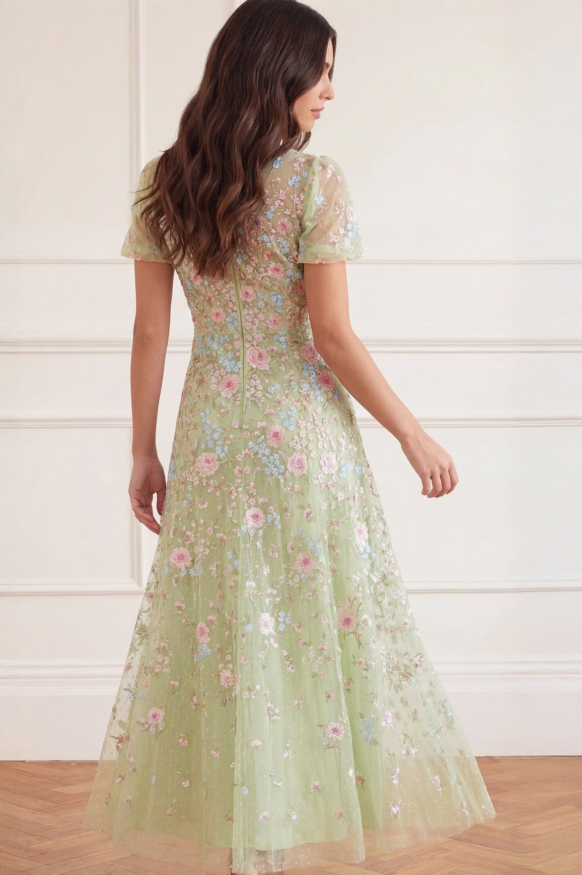 Peony Bouquet Round Neck Ankle Gown