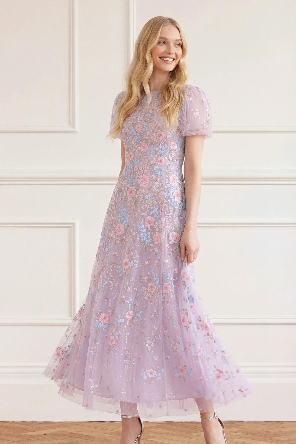 Peony Bouquet Round Neck Ankle Gown