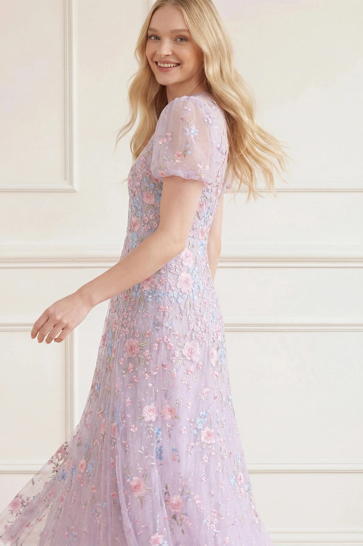 Peony Bouquet Round Neck Ankle Gown