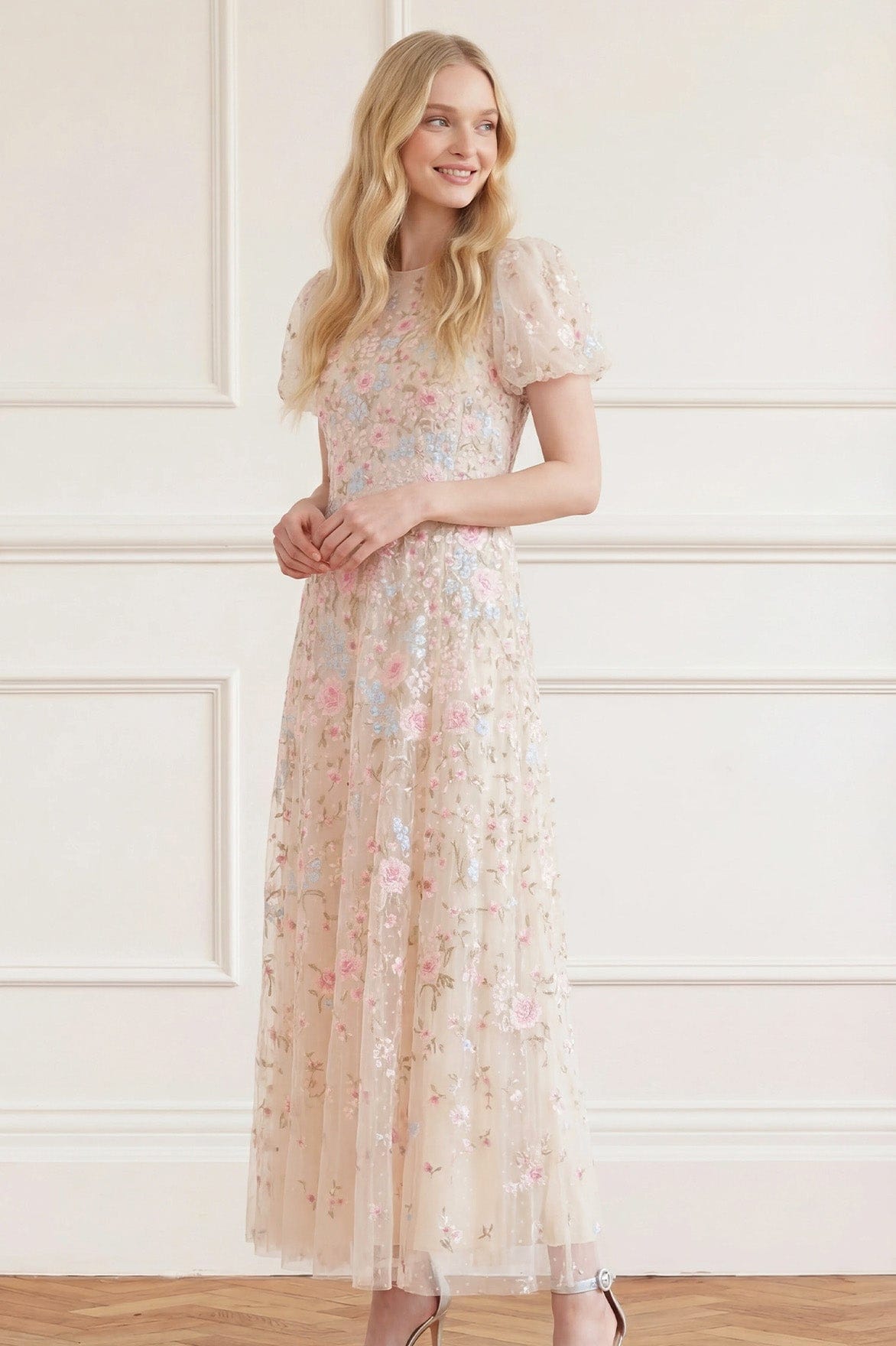 Peony Bouquet Round Neck Ankle Gown