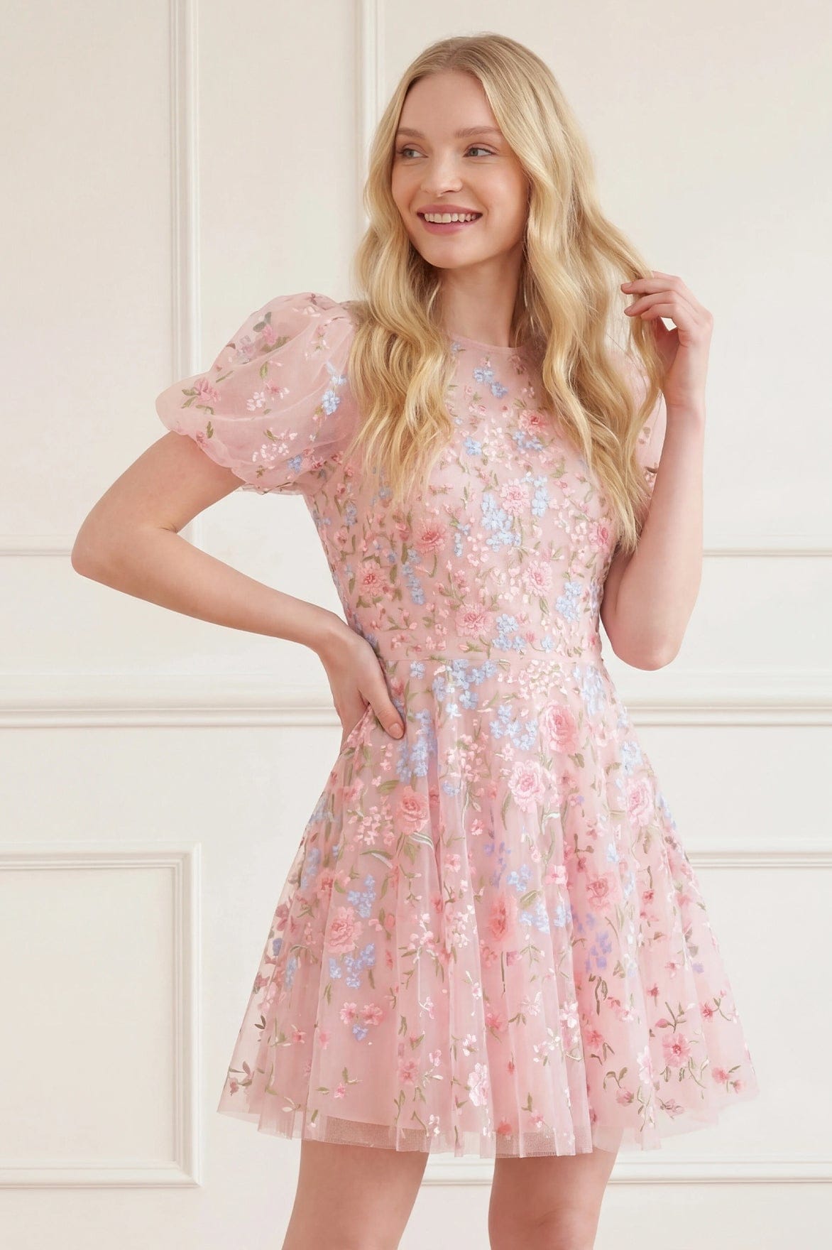 Peony Bouquet Round Neck Micro Mini Dress