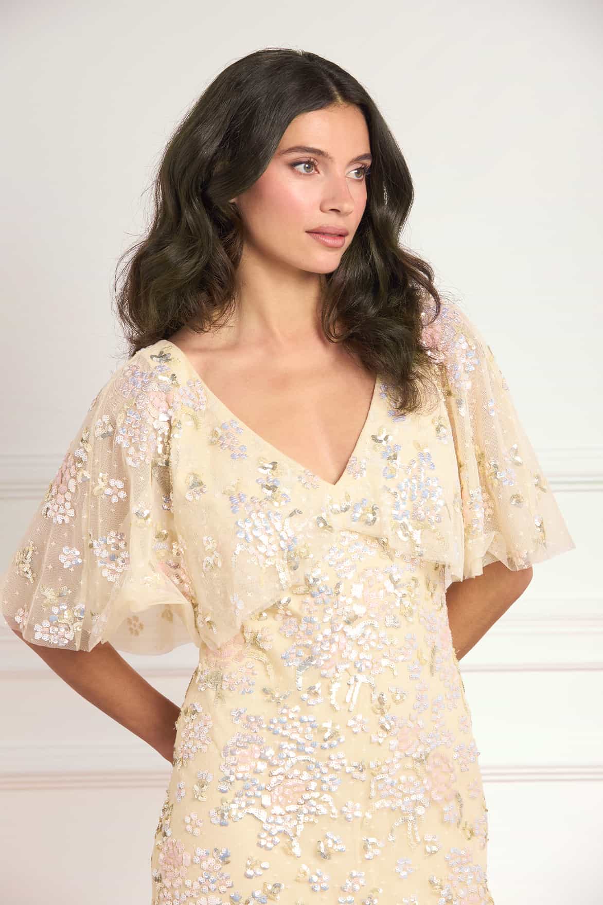 Peony Bouquet Sequin V-Neck Cape Gown