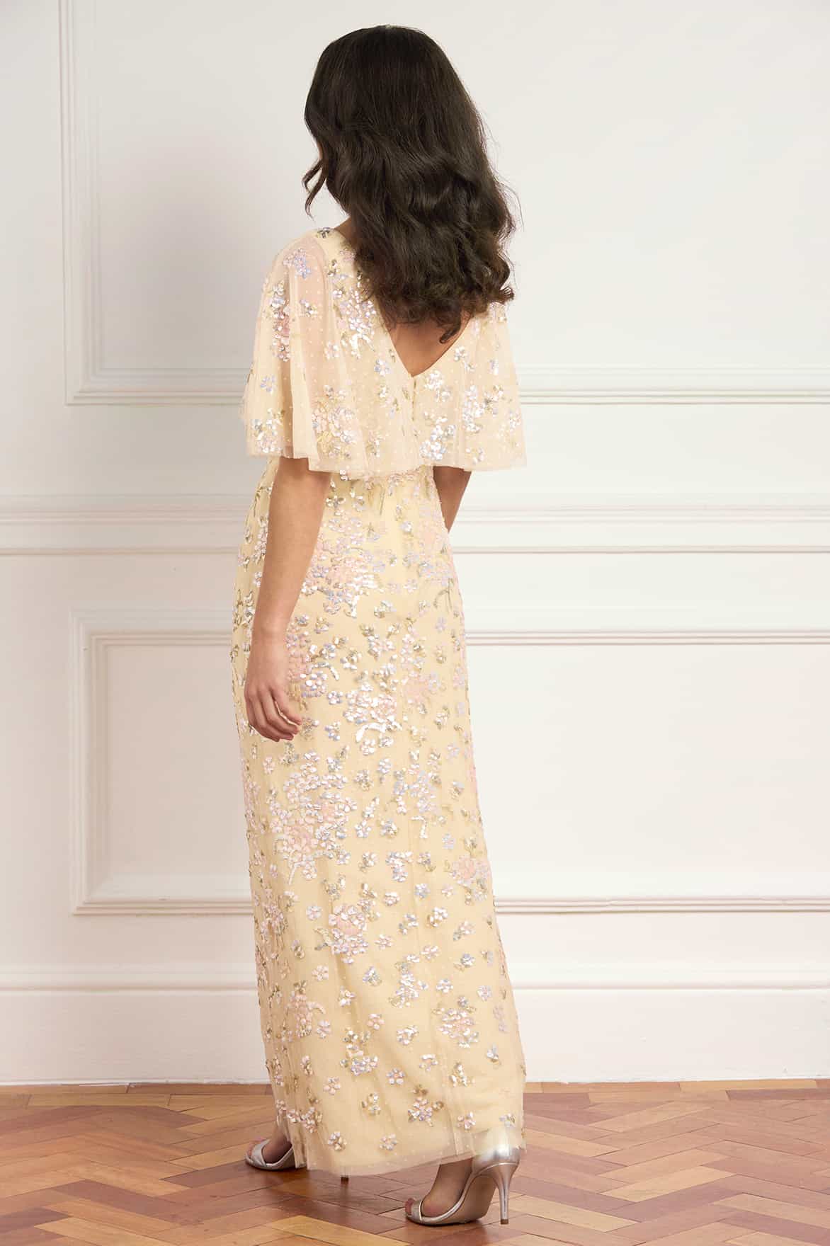 Peony Bouquet Sequin V-Neck Cape Gown