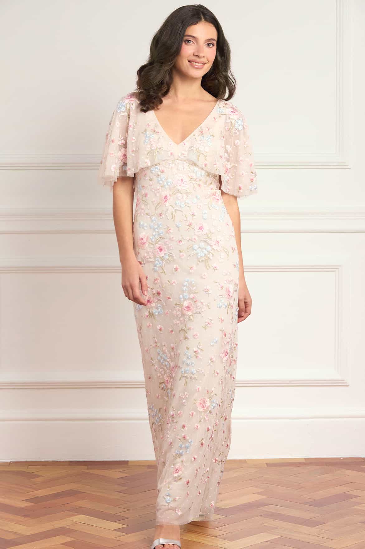 Peony Bouquet V-Neck Cape Gown
