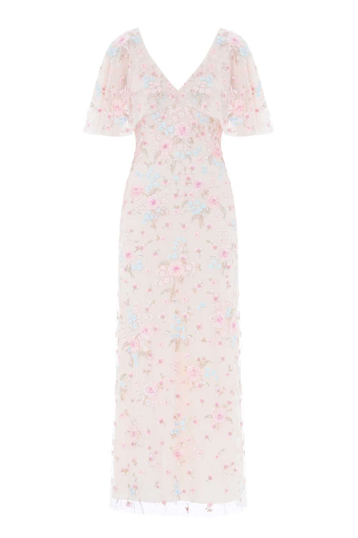 Peony Bouquet V-Neck Cape Gown