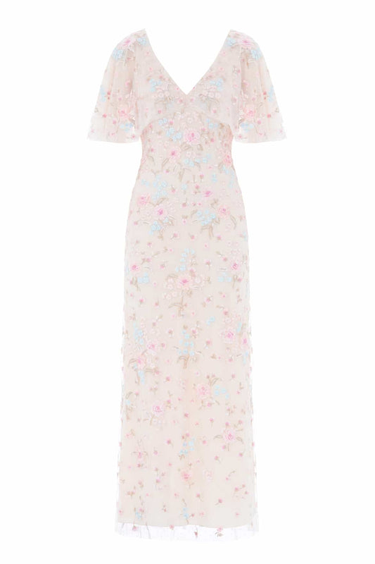 Peony Bouquet V-Neck Cape Gown