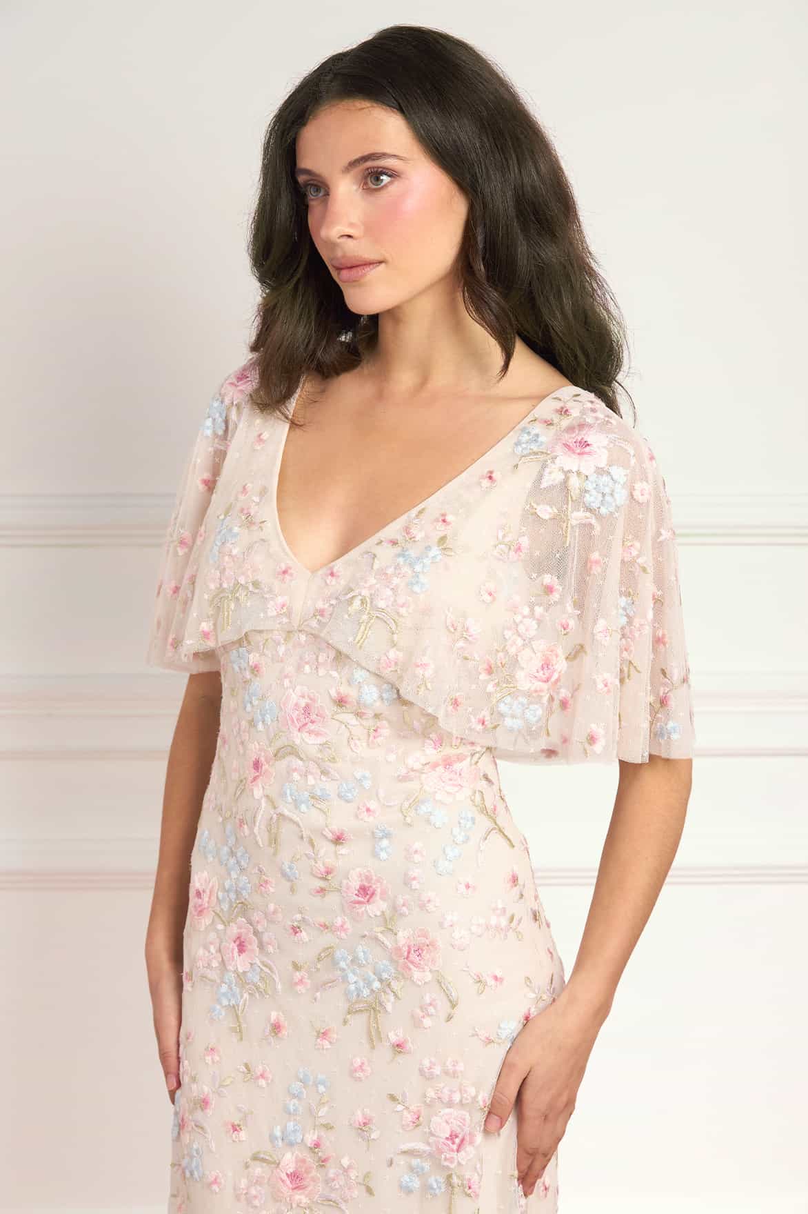 Peony Bouquet V-Neck Cape Gown