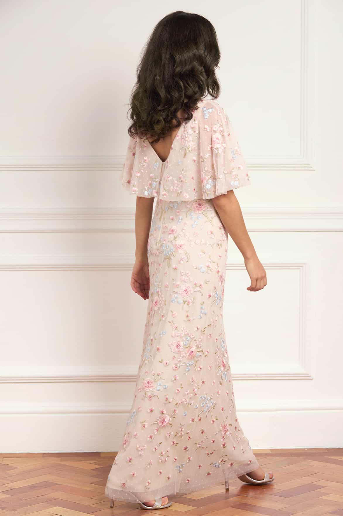 Peony Bouquet V-Neck Cape Gown