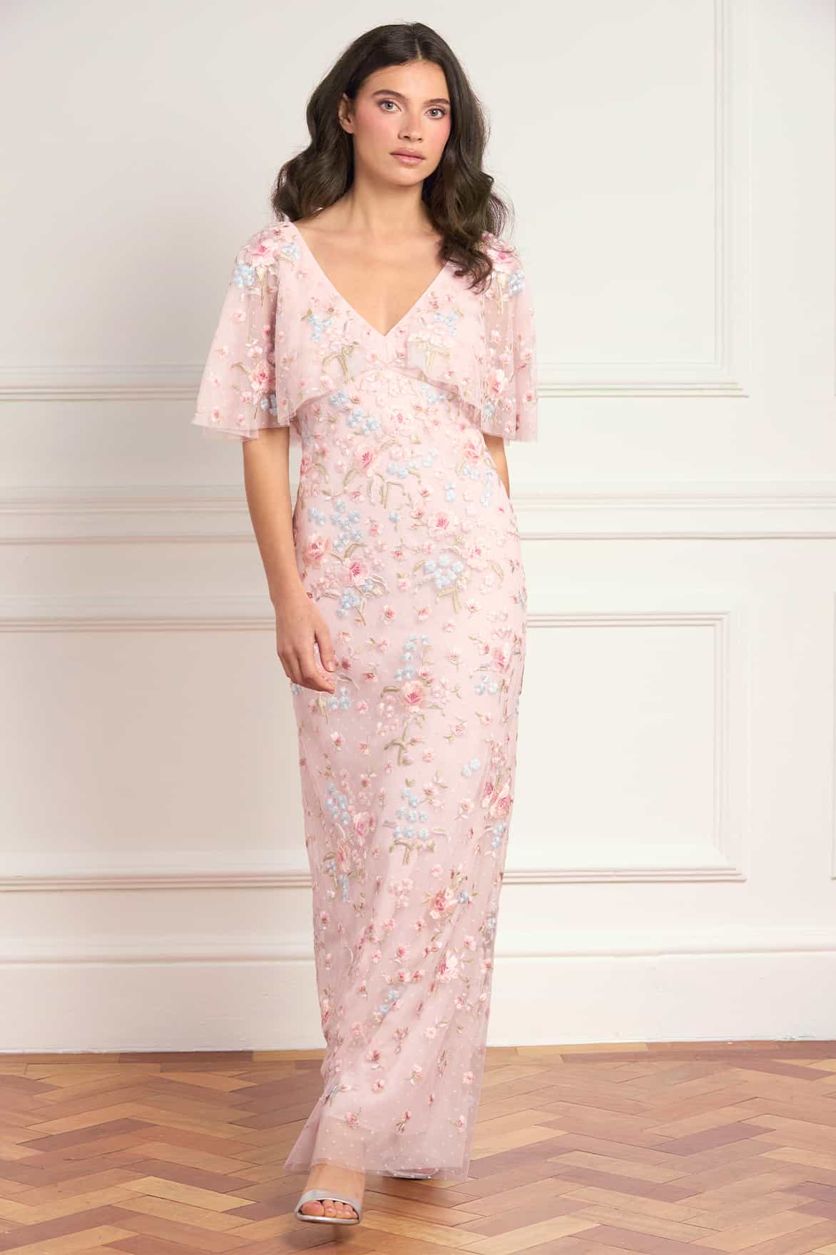 Peony Bouquet V-Neck Cape Gown