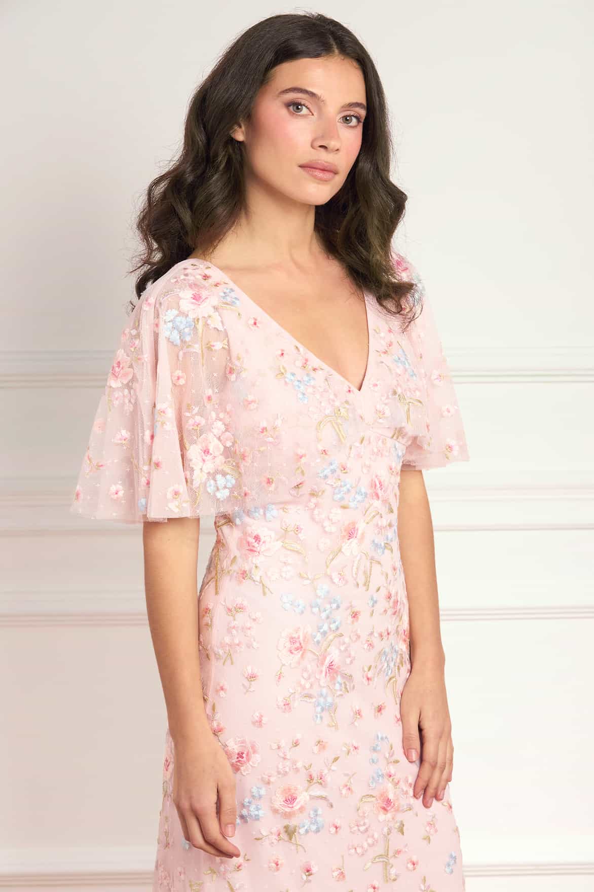 Peony Bouquet V-Neck Cape Gown