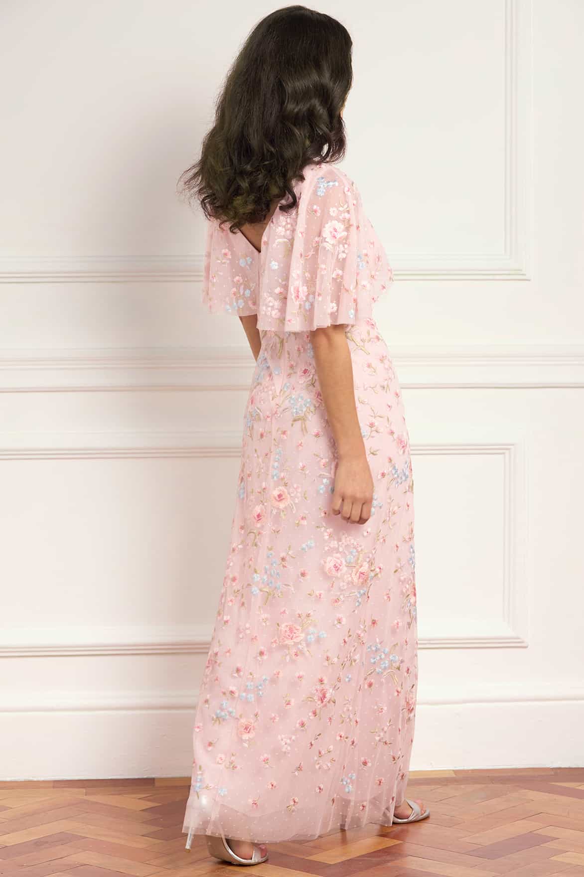 Peony Bouquet V-Neck Cape Gown