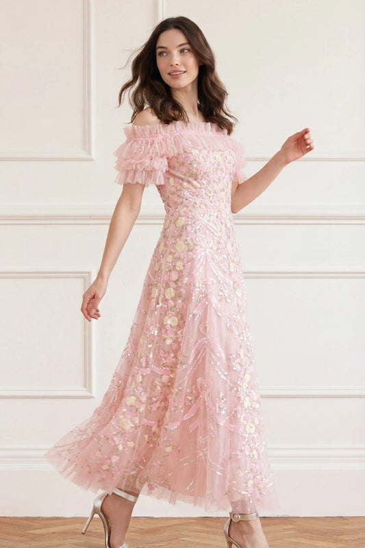 Ribbon Heart Off-Shoulder Ankle Gown