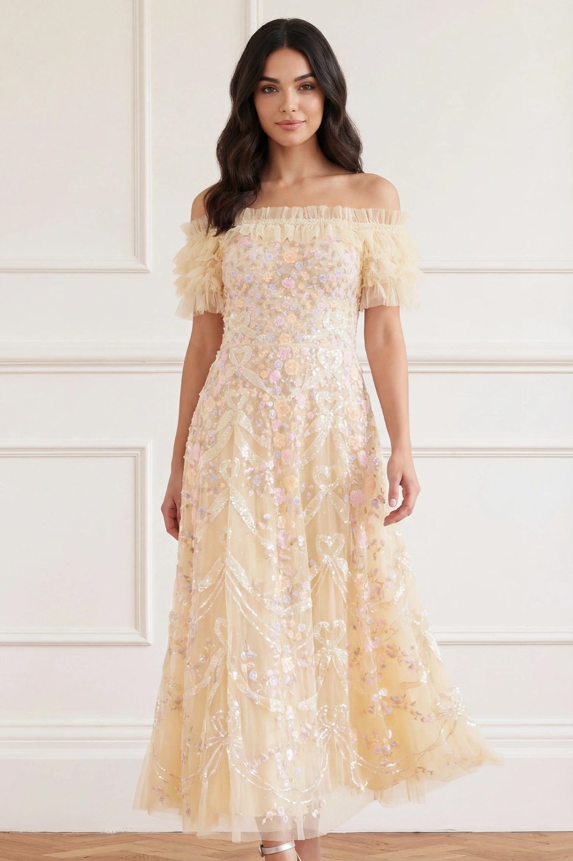 Ribbon Heart Off-Shoulder Ankle Gown