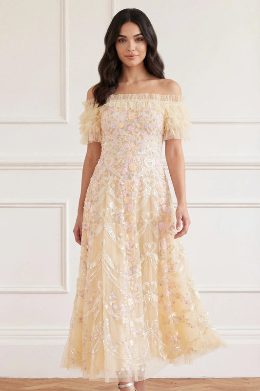 Ribbon Heart Off-Shoulder Ankle Gown