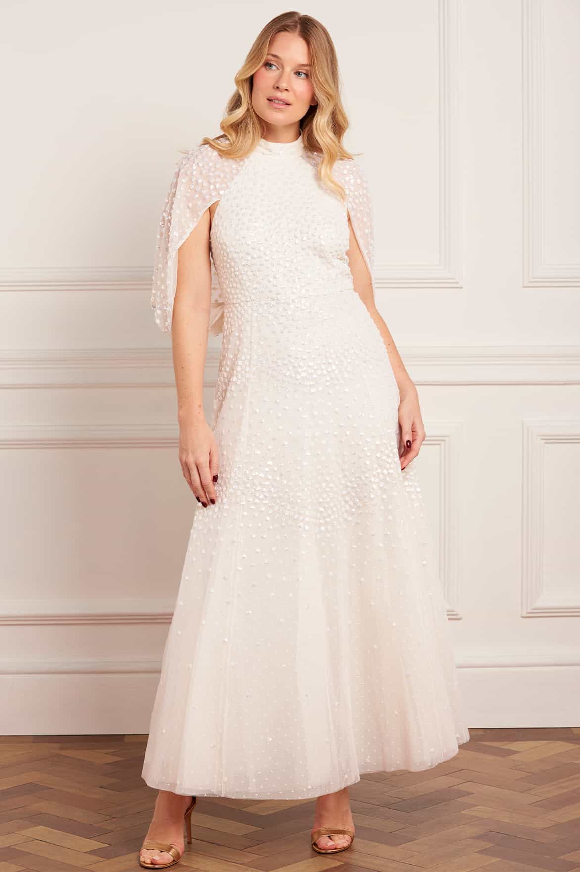 Scallop Sequin Cape Ankle Gown