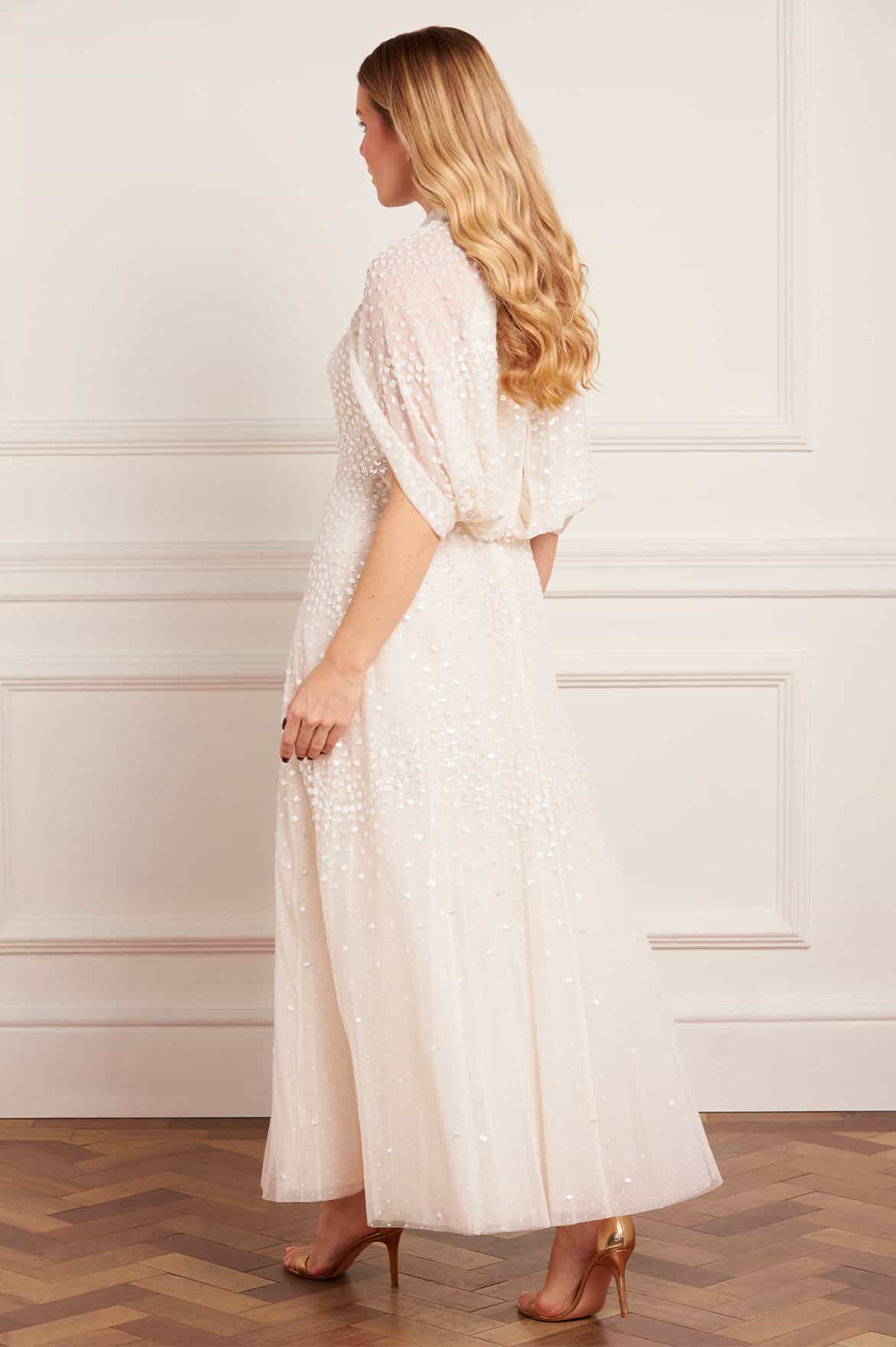 Scallop Sequin Cape Ankle Gown
