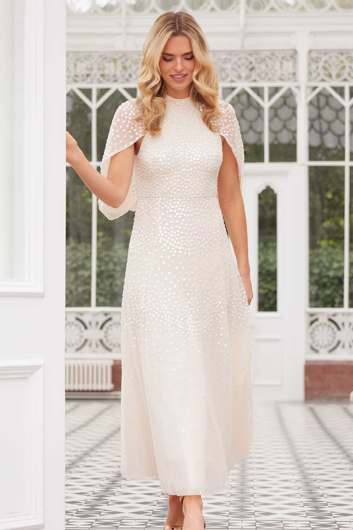 Scallop Sequin Cape Ankle Gown